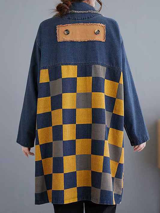 Long Sleeves Loose Buttoned Fringed Plaid Pockets Split-Joint Notched Collar Denim Outerwear