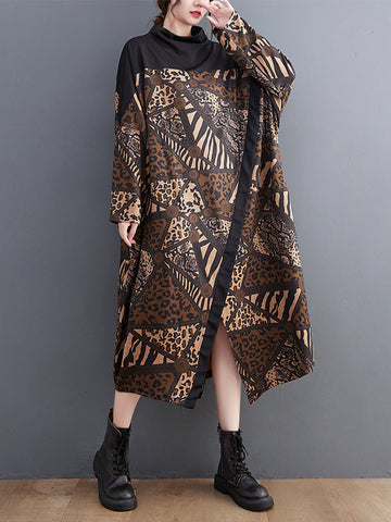 Long Sleeves Loose Asymmetric Printed Split-Front Split-Joint Mock Neck Midi Dresses