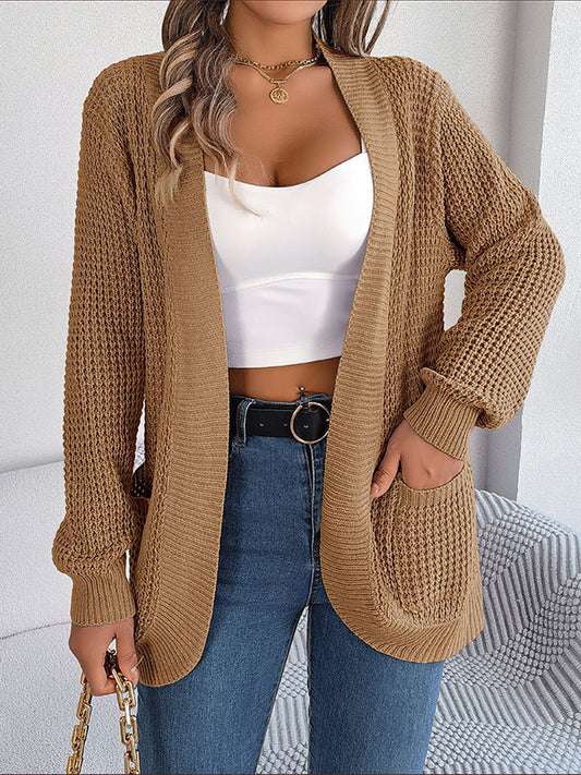 Long Sleeves Loose Pockets Solid Color Collarless Cardigan Tops