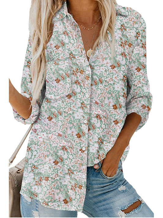 High-Low Long Sleeves Buttoned Flower Print Pockets Lapel Blouses&Shirts Tops