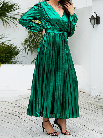 High Waisted Long Sleeves Bronzing Elasticity Pleated Solid Color Tied Waist Deep V-Neck Maxi Dresses