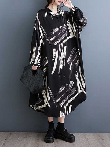 Long Sleeves Loose Buttoned Hooded Printed Midi Dresses Outerwear