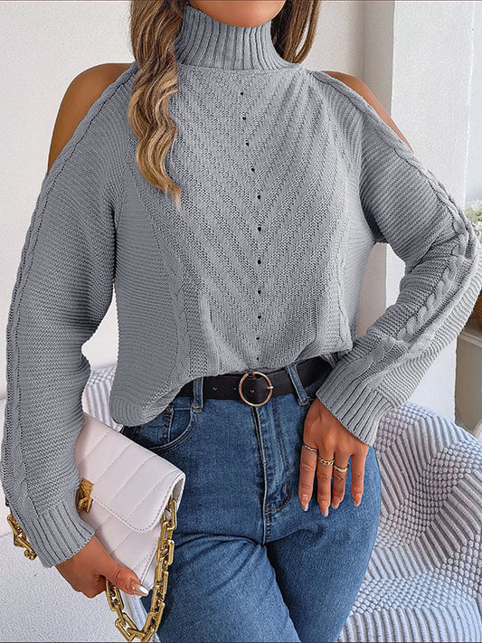 Long Sleeves Loose Solid Color Split-Joint Cold Shoulder Sweater Tops