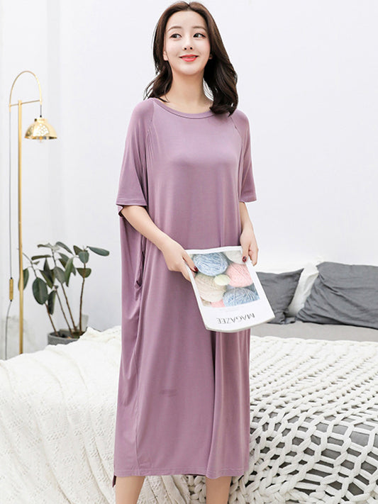 Simple Loose Half Sleeves Solid Color Round-Neck Pajamas Dress