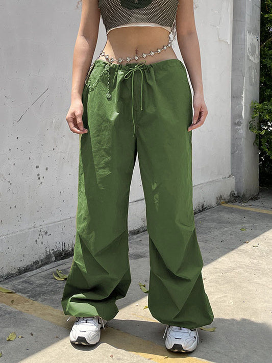 Loose Wide Leg Drawstring Pockets Solid Color Split-Joint Pants Trousers