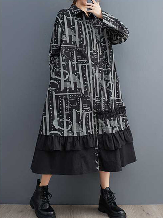 A-Line Long Sleeves Asymmetric Buttoned Printed Split-Joint Lapel Midi Dresses