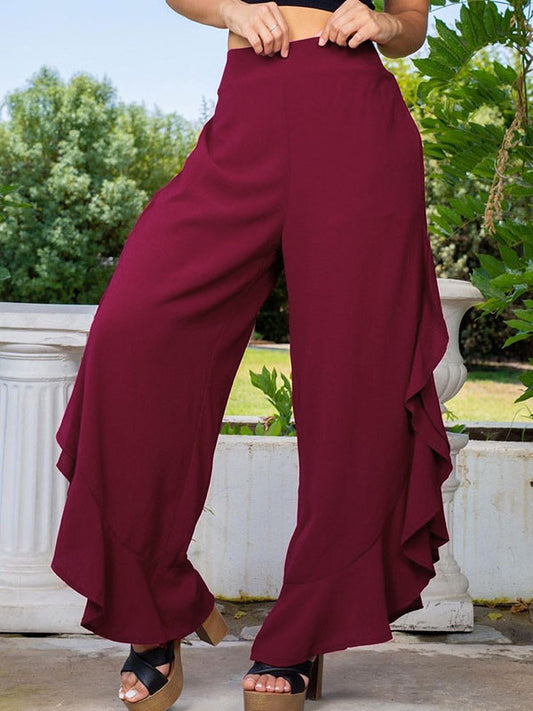 Loose Wide Leg Falbala Solid Color Split-Side Casual Pants