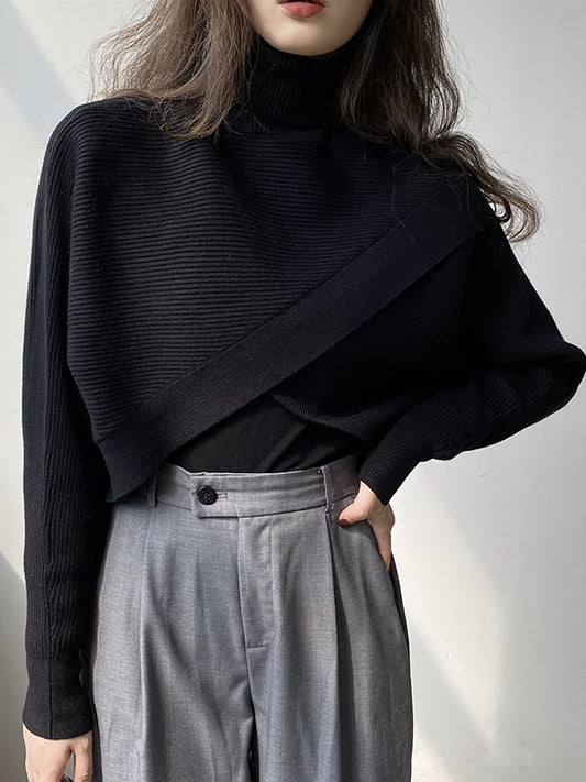 Long Sleeves Asymmetric Solid Color Split-Front High-Neck Knitwear Pullovers Sweater