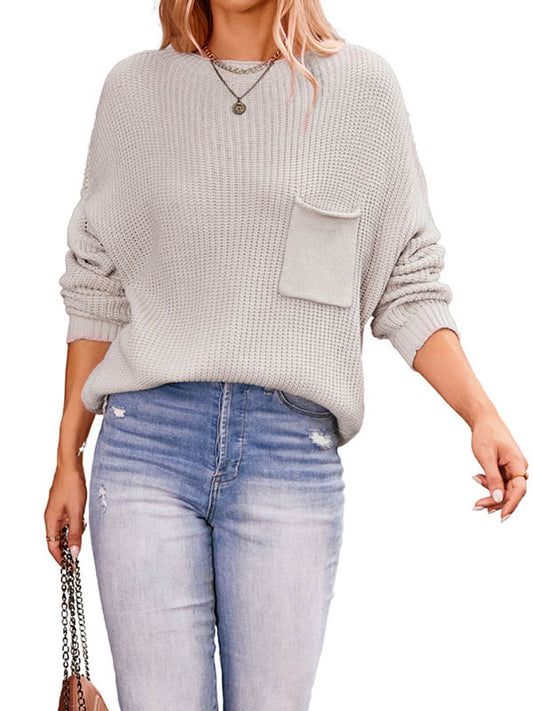 Long Sleeves Loose Pockets Solid Color Round-Neck Pullovers Sweater Tops