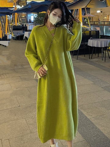 Urban Loose Long Sleeves Solid Color V-Neck Sweater Dresses