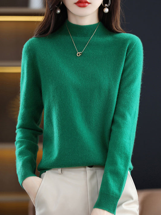 Office Long Sleeves Solid Color High-Neck Sweater Tops Pullovers