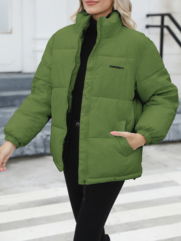 Long Sleeves Loose Keep Warm Quilted Solid Color Zipper High Neck Padded Coat