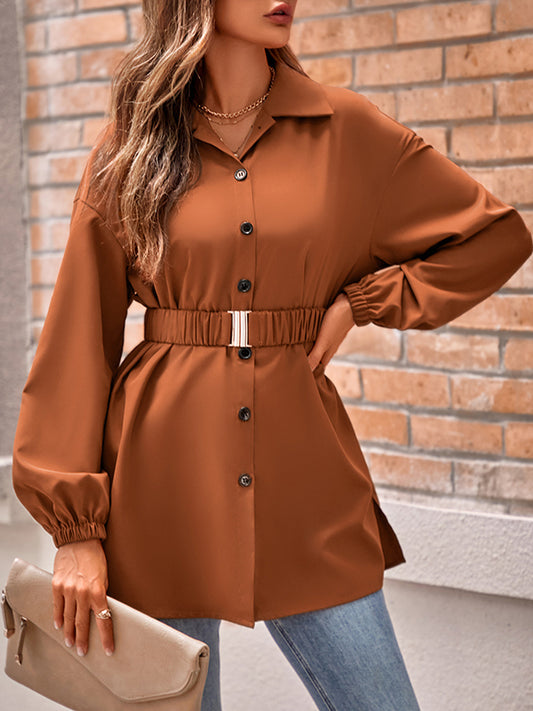 Loose Belted Solid Color Lapel Blouses&shirts Tops Shirts Tops