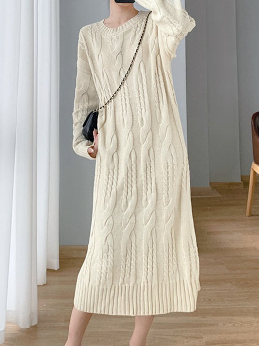 Simple Loose Long Sleeves Jacquard Solid Color Round-Neck Midi Dresses