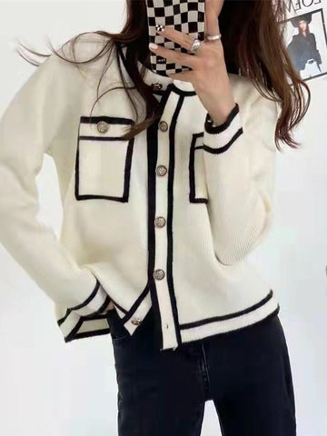 Long Sleeves Buttoned Contrast Color Pockets Round-Neck Cardigan Tops