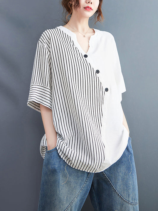 Simple Loose Asymmetric Striped V-Neck Blouse