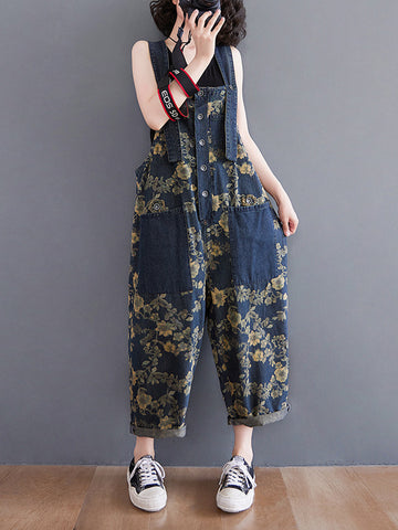 Oversize Floral Printed Denim Overalls