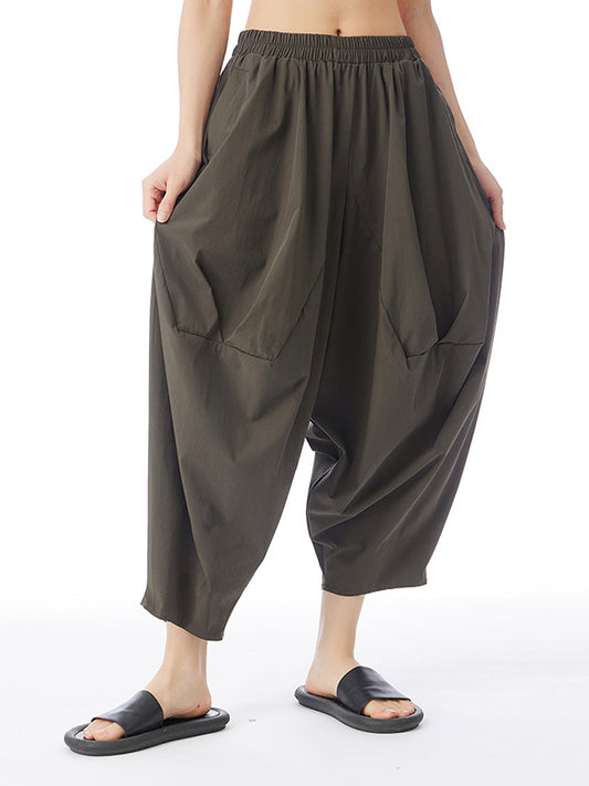 Harem Pants Loose Elasticity Pleated Solid Color Split-Joint Cropped Trousers Pants