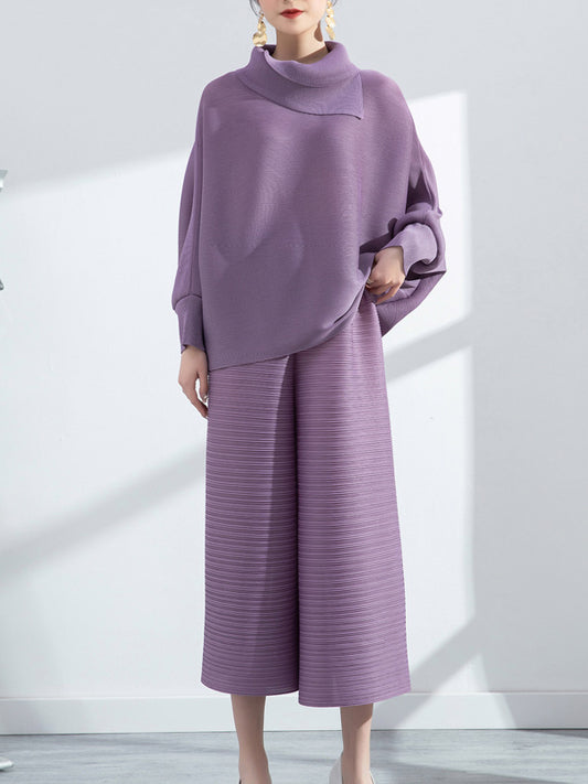 Simple Loose Long Sleeves Pleated Solid Color High-Neck T-Shirt Top&Wide Legs Pants Two Pieces Set