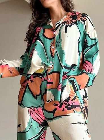 Flower Print Buttoned Lapel Blouses Top + High Waisted Wide Leg Pants Bottom Two Pieces Set