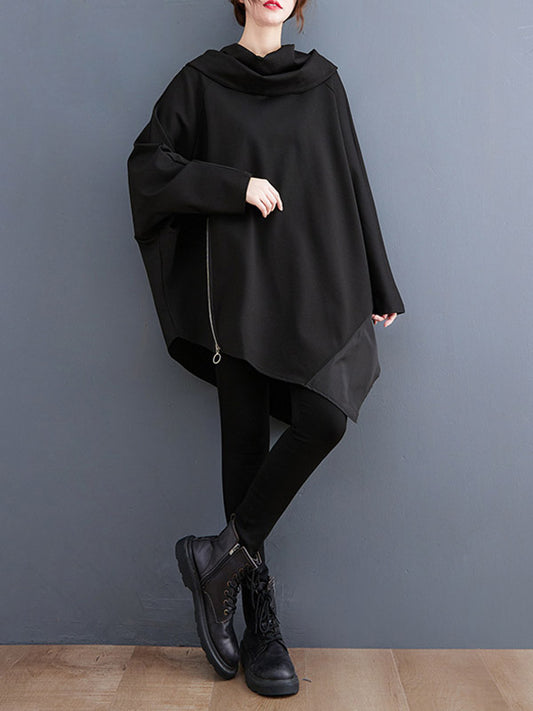 Long Sleeves Loose Asymmetric Split-Joint Zipper Heaps Collar Sweatshirt Tops