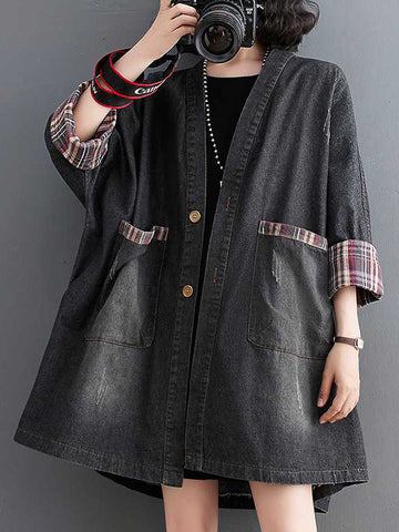 Long Sleeves Loose Buttoned Plaid Pockets Split-Joint V-Neck Denim Outerwear