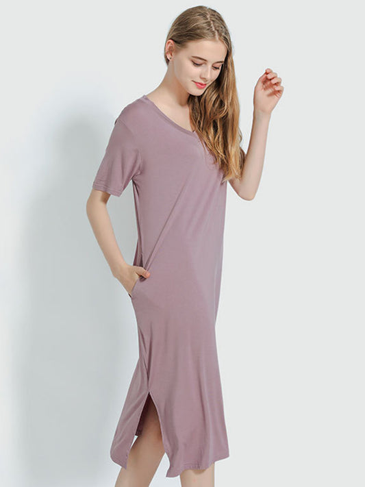 Simple Short Sleeves Loose Split-Side Solid Color V-Neck Pajamas Dress