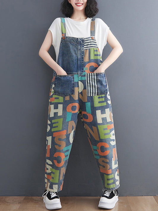 High Waisted Loose Asymmetric Buttoned Letter Print Pockets Split-Joint Striped Overalls