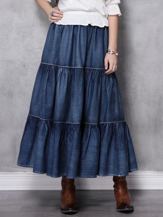 Vintage Splicing Pleated Jean Skirt