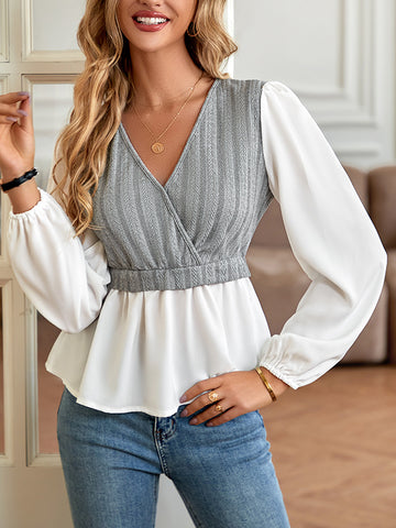 Long Sleeves Loose Asymmetric Elasticity Split-Joint V-Neck Blouses&Shirts Tops