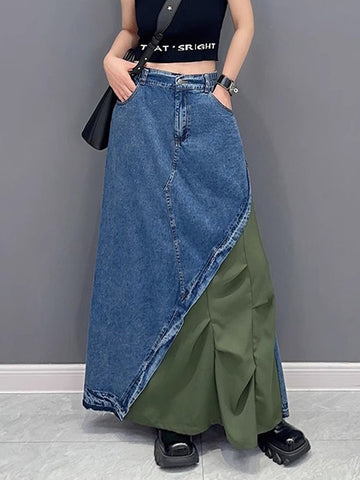 A-Line Loose Asymmetric Contrast Color Elasticity Split-Joint Denim Skirts Bottoms