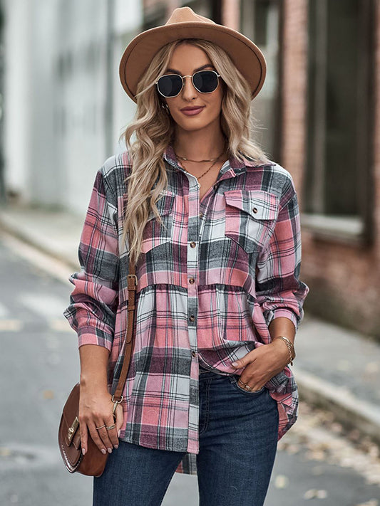 Vintage Loose Checkered Lapel Blouses&Shirts Tops