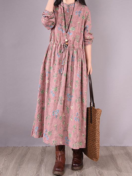 Vintage Floral Printed Ramie Cotton Loose Midi Dress