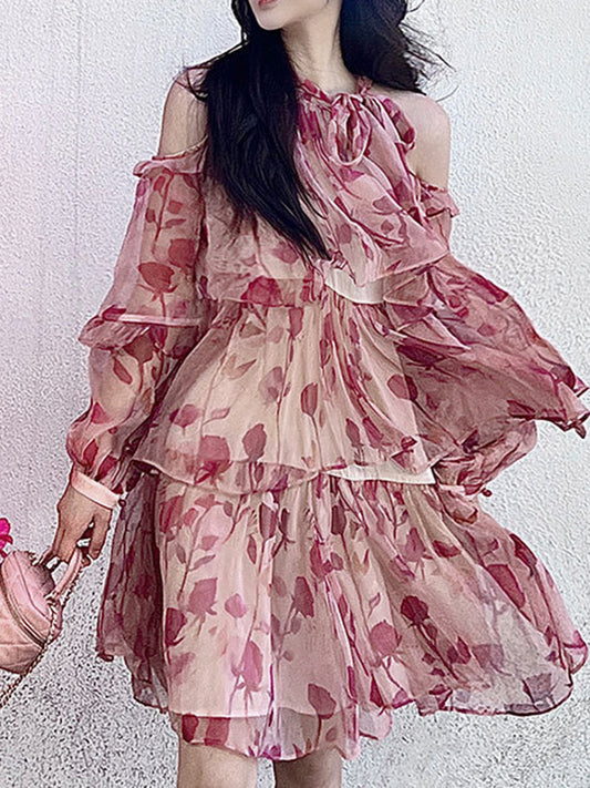 Loose Puff Sleeves Floral Printed Lace-Up Tiered Cold Shoulder Mini Dresses