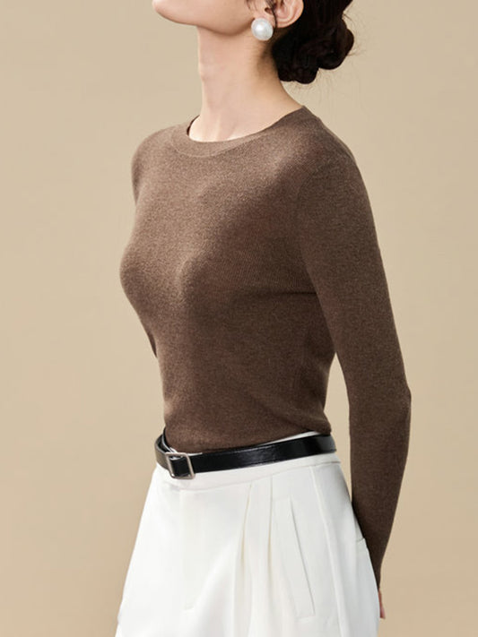 Long Sleeves Skinny Solid Color Round-Neck Knitwear Pullovers Sweater Tops