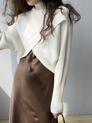 Long Sleeves Asymmetric Solid Color Split-Front High-Neck Knitwear Pullovers Sweater