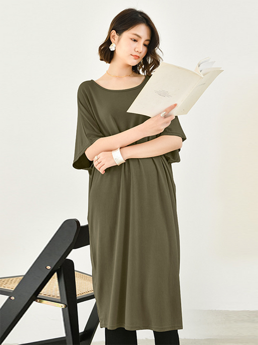 Casual Batwing Half Sleeves Solid Color Round-Neck Midi Dresses