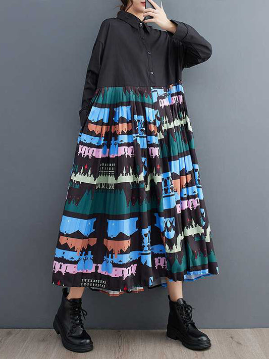 A-Line Long Sleeves Buttoned Pleated Printed Split-Joint Lapel Midi Dresses