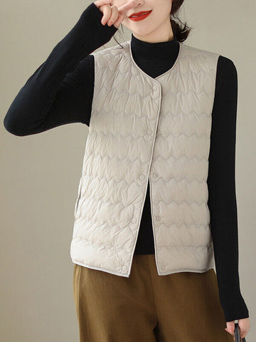 Loose Sleeveless Buttoned Quilted Solid Color Round-Neck Padded Vest