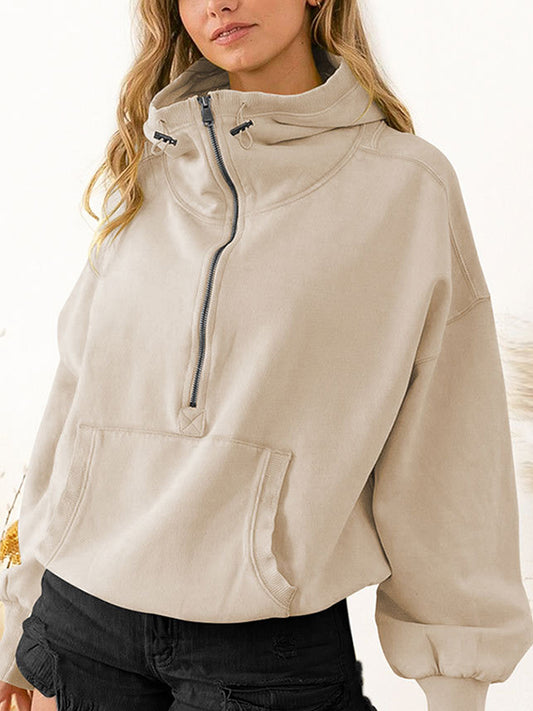 Loose Puff Sleeves Drawstring Split-Joint Zipper Hooded Hoodies Tops