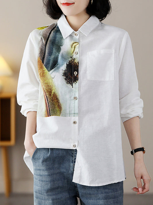 Long Sleeves Loose Contrast Color Feathers Printed Lapel Blouses