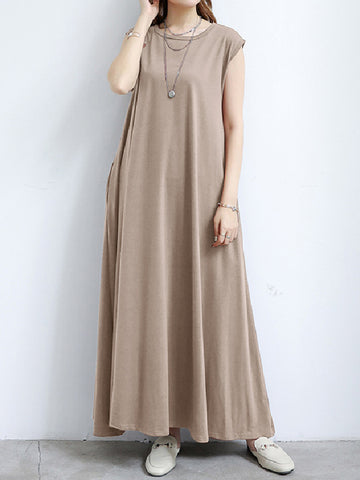 Simple Loose Sleeveless Solid Color Round-Neck Maxi Dresses