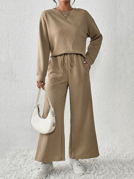 Long Sleeves Loose Solid Color Round-Neck Shirts Top + Drawstring Pants Bottom Two Pieces Set