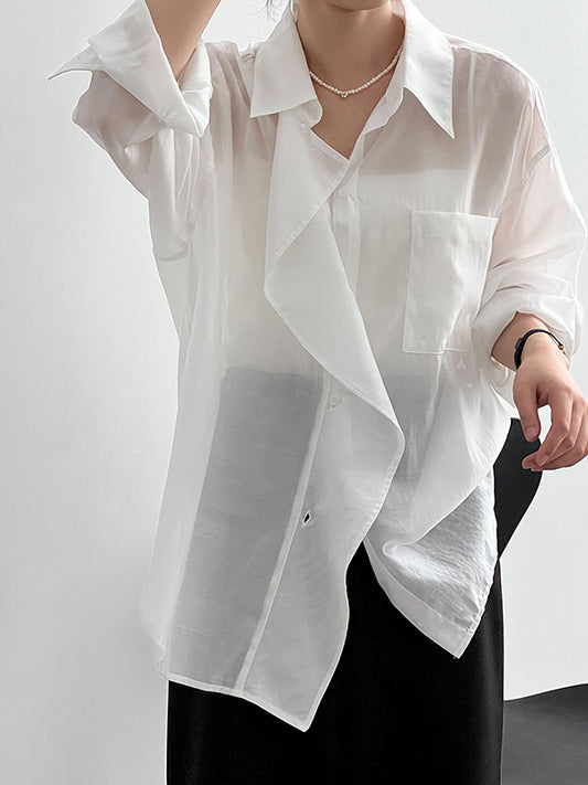 Irregular Clipping Long Sleeves Solid Color Lapel Blouses&Shirts Tops