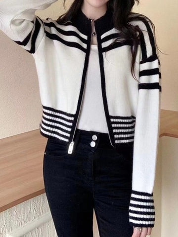 Long Sleeves Contrast Color Striped Zipper Mock Neck Cardigan Tops