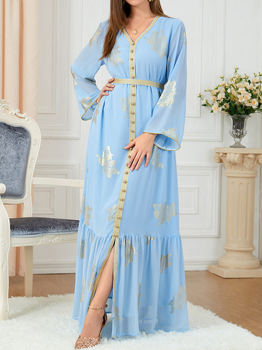 Long Sleeves Loose Pleated Printed Split-Front Split-Joint Tied Waist V-Neck Maxi Dresses