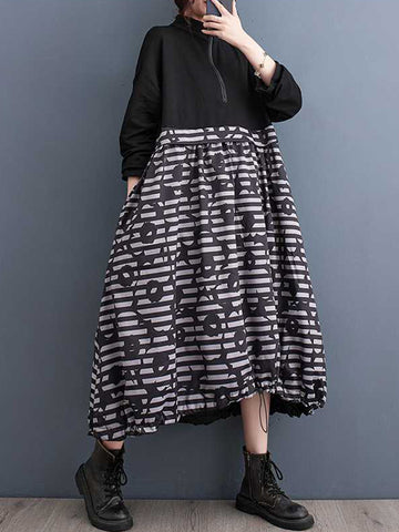 Long Sleeves Loose Drawstring Printed Split-Joint Zipper Midi Dresses