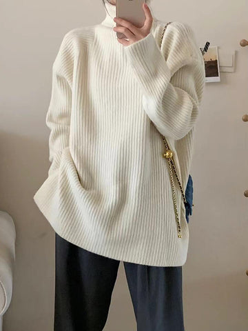 Long Sleeves Loose Solid Color Split-Joint Split-Side High Neck Sweater