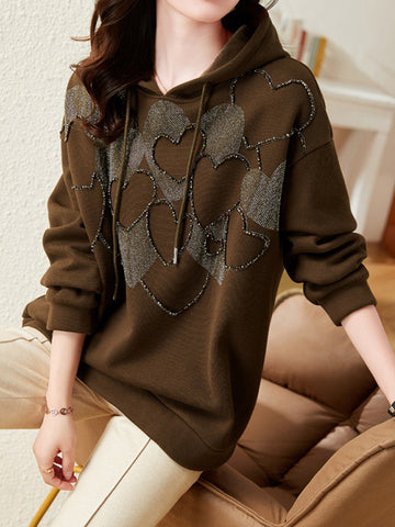 Long Sleeves Loose Drawstring Heart Print Rhine Stones Velvet Hoodies Tops