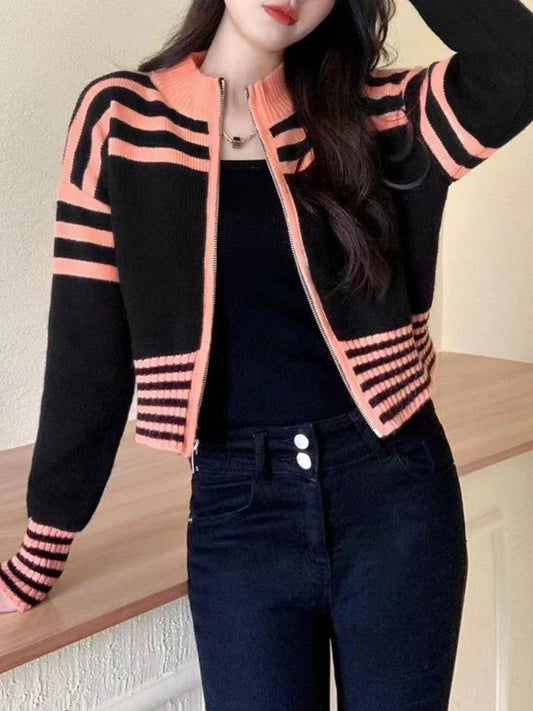 Long Sleeves Contrast Color Striped Zipper Mock Neck Cardigan Tops